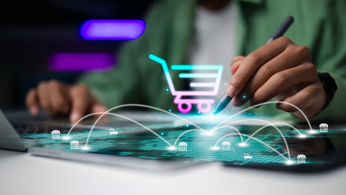 Online shopping cart with a logistics network displayed on a tablet, representing supply chain management technology