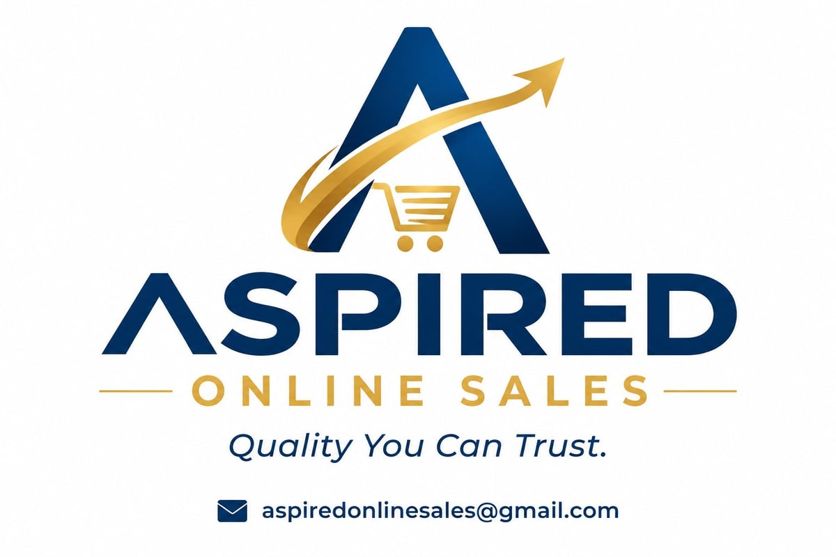 Aspired Online Sales logo featuring letter A with gold shopping cart and upward arrow, tagline Quality You Can Trust